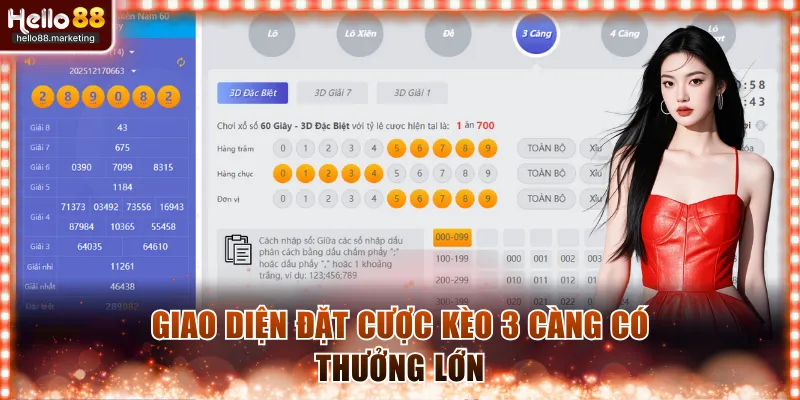 Giao diện đặt cược kèo 3 càng có thưởng lớn